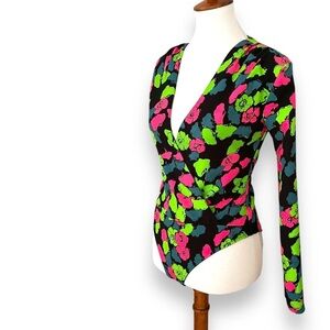 Zara Floral V-Neck Bodysuit - Black, Pink, Green